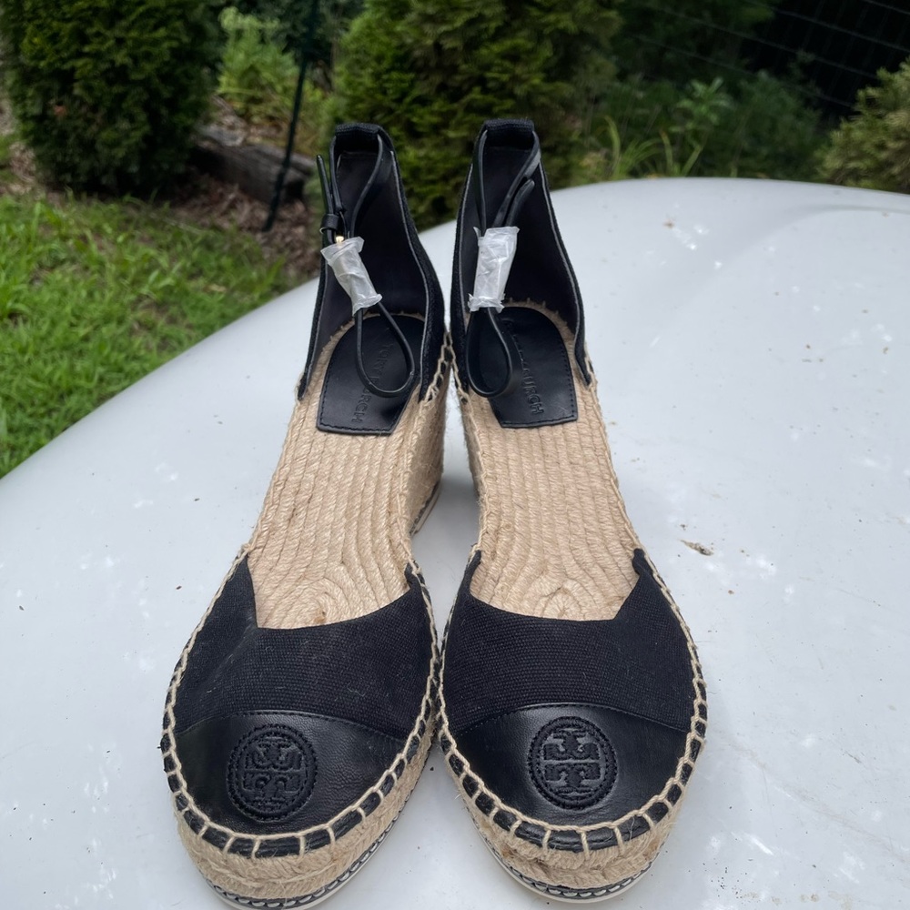 New Tory Burch Black Color Block Espadrille Wedge Size 9